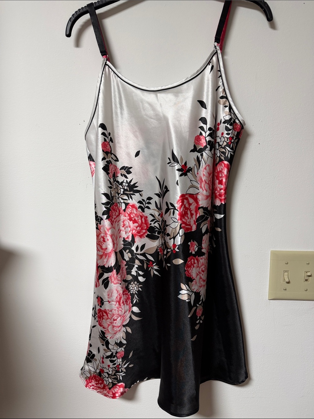 Source Unknown Silver and Black Floral Satin Chemise with Pink Roses
